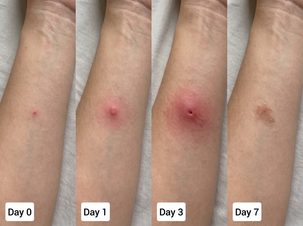 Four-panel progression photograph showing a spider wasp sting mark healing across day 0, day 1, day 3, and day 7